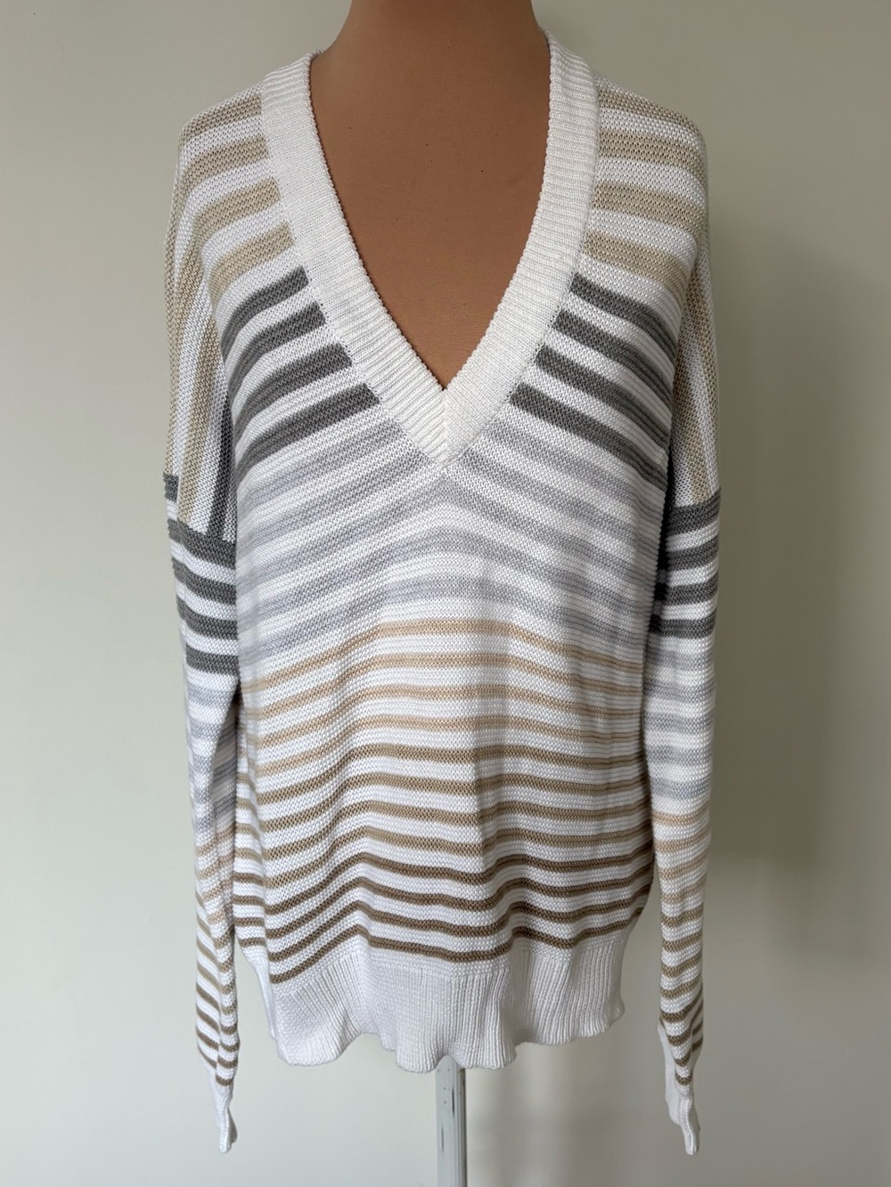 Cotton by Autumn Cashmere Striped Links Stitch Neutral V-Neck Sweater NWT Size M